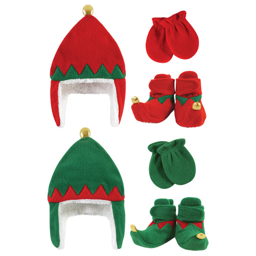 Hudson Baby 6 Piece Trapper Hat, Mitten and Bootie Set, Red Elf Green Elf