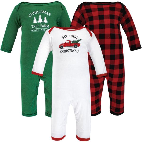 Hudson Baby 3-Pack Cotton Coveralls, Christmas Tree