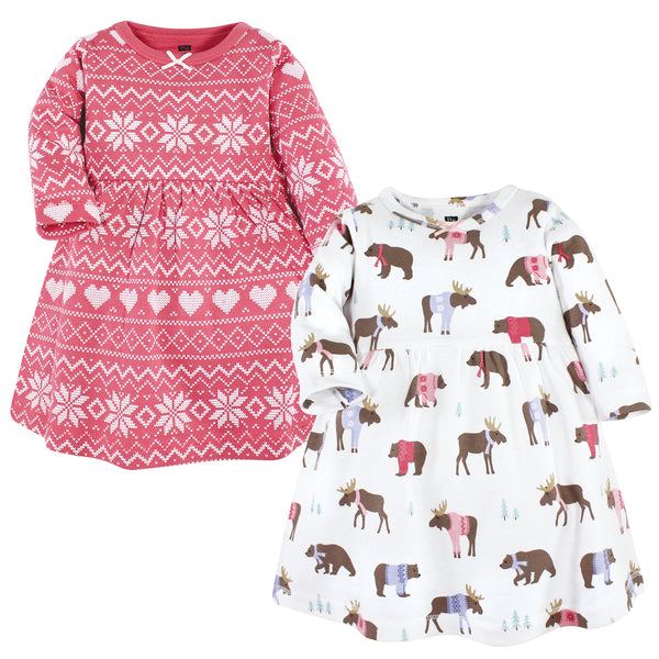 Hudson Baby Infant and Toddler Girl Cotton Dresses, Pink Moose Bear