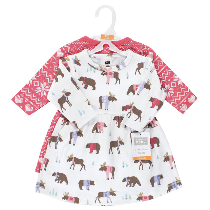 Hudson Baby Infant and Toddler Girl Cotton Dresses, Pink Moose Bear