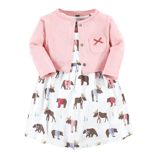 Hudson Baby Girls Cotton Dress and Cardigan Set, Pink Moose Bear