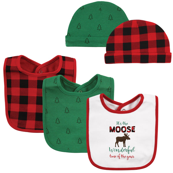 Hudson Baby Cotton Bib and Headband or Caps Set, Moose Wonderful Time, One Size