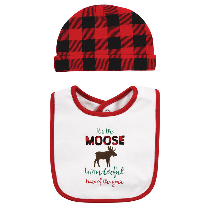 Hudson Baby Cotton Bib and Headband or Caps Set, Moose Wonderful Time, One Size