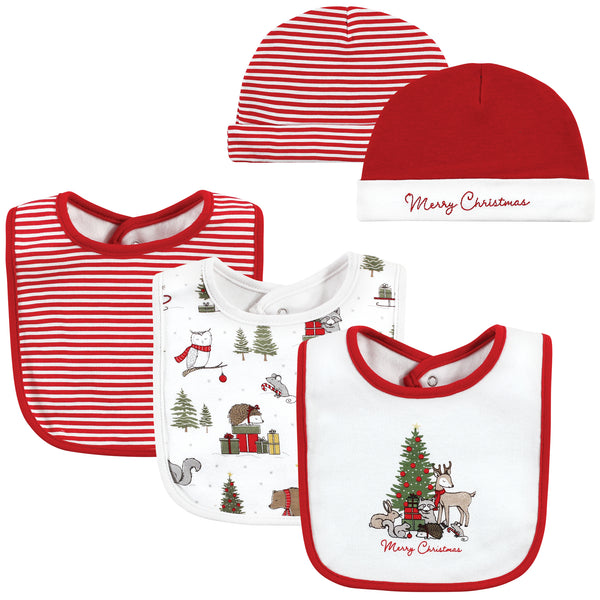 Hudson Baby Cotton Bib and Caps Set, Christmas Forest, One Size