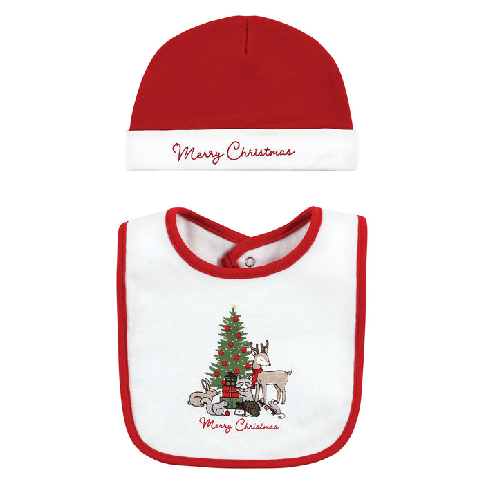 Hudson Baby Cotton Bib and Caps Set, Christmas Forest, One Size
