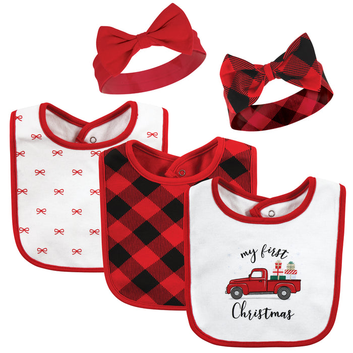 Hudson Baby Infant Girls Cotton Bib and Headband, Red Truck Bows, One Size