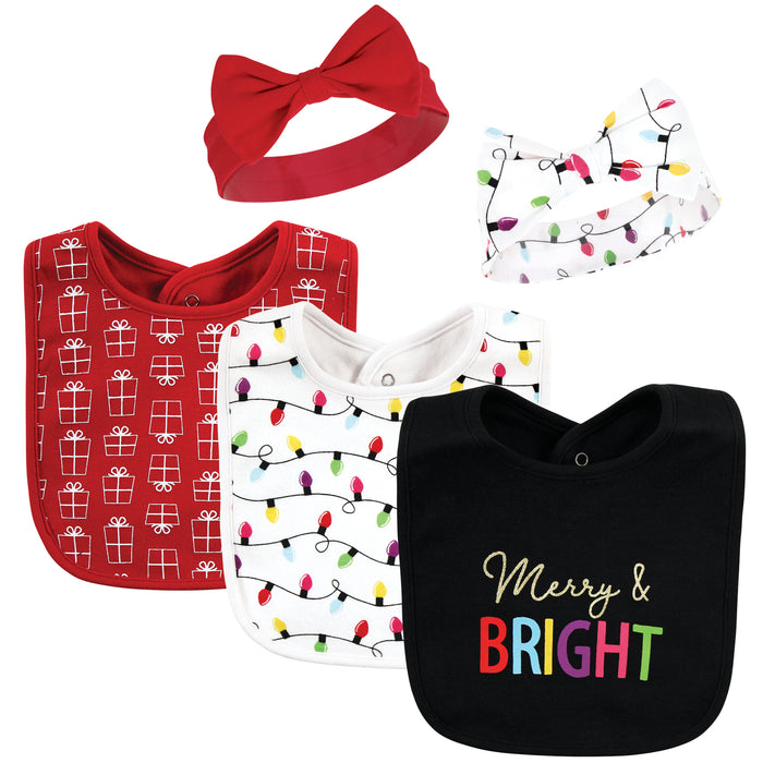 Hudson Baby Infant Girls Cotton Bib and Headband, Merry And Bright, One Size