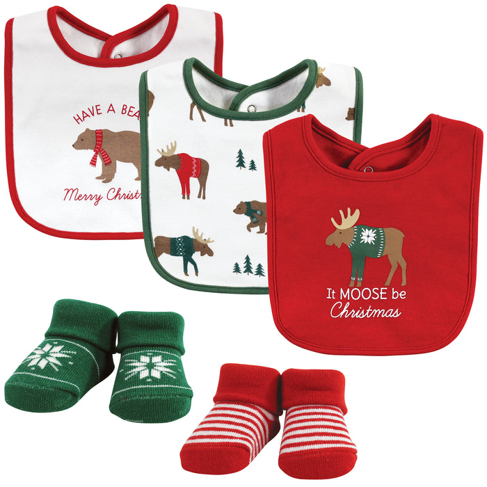 Hudson Baby Cotton Bib and Sock Set, Moose Be Christmas, One Size