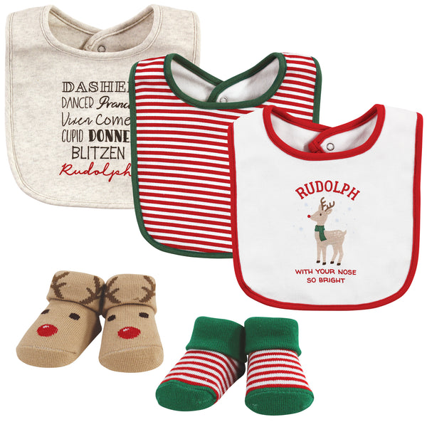 Hudson Baby Cotton Bib and Sock Set, Rudolph, One Size