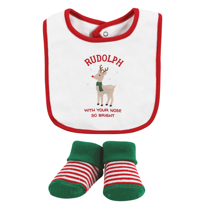 Hudson Baby Cotton Bib and Sock Set, Rudolph, One Size