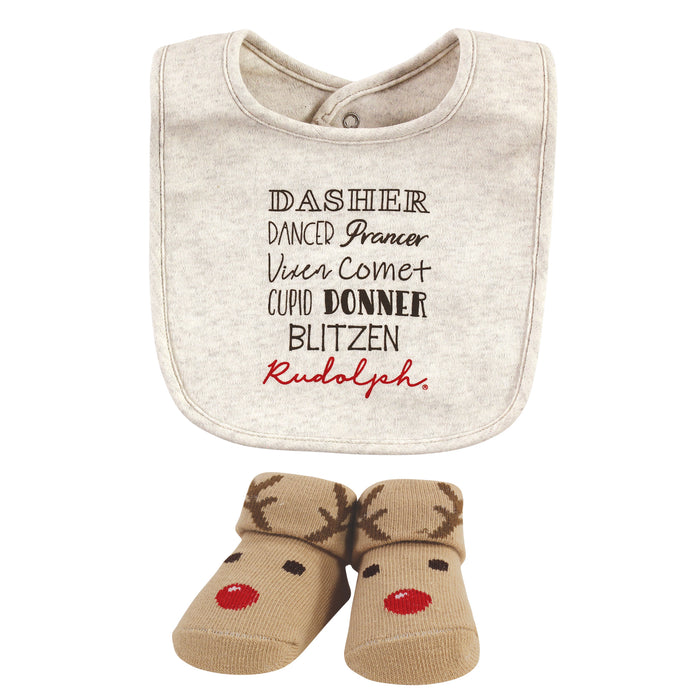 Hudson Baby Cotton Bib and Sock Set, Rudolph, One Size