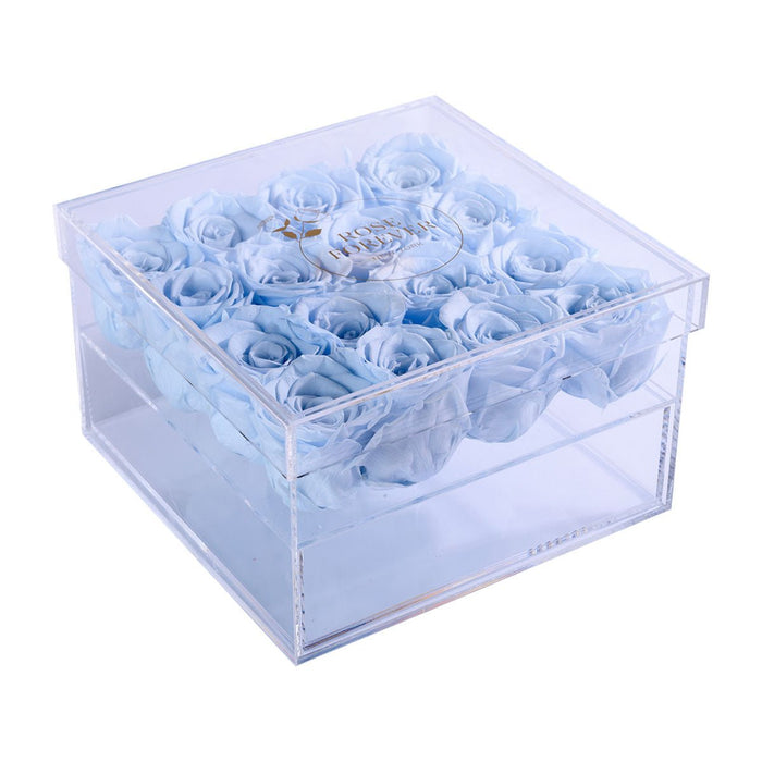 Rose Forever 16 Baby Blue Roses - Crystal Square Box