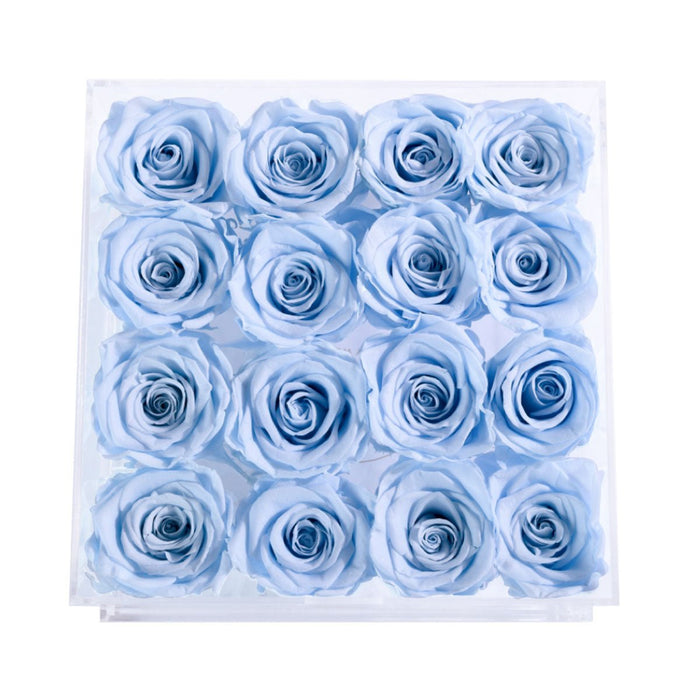 Rose Forever 16 Baby Blue Roses - Crystal Square Box