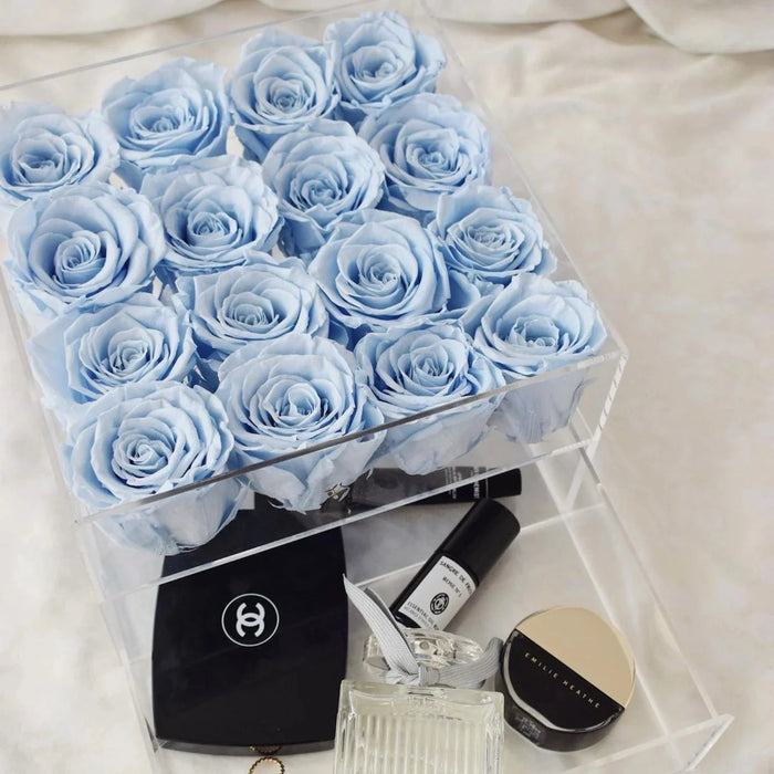 Rose Forever 16 Baby Blue Roses - Square Crystal Box