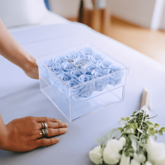 Rose Forever 16 Baby Blue Roses - Square Crystal Box