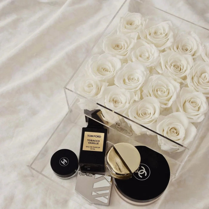 Rose Forever 16 Ivory Roses - Square Crystal Box