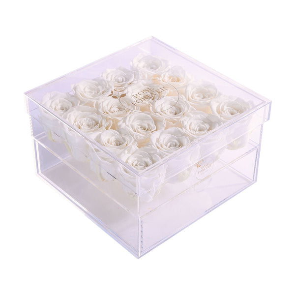 Rose Forever 16 Ivory Roses - Square Crystal Box