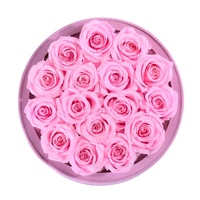 Rose Forever 16 Light Pink Roses - Pink Round Suede Box