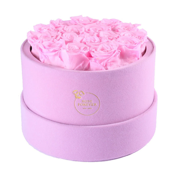 Rose Forever 16 Light Pink Roses - Pink Round Suede Box