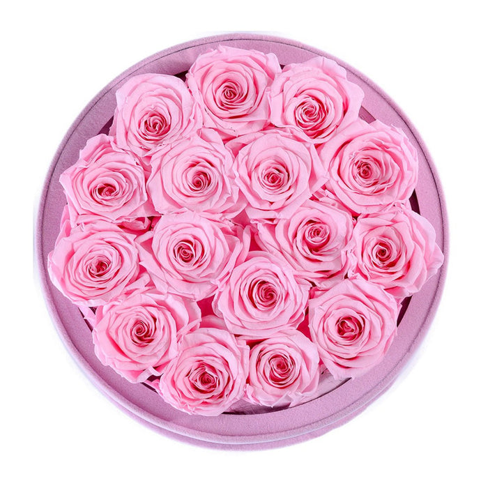 Rose Forever 16 Pink Roses - Pink Round Suede Box