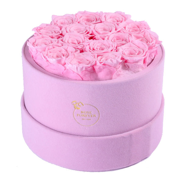 Rose Forever 16 Pink Roses - Pink Round Suede Box