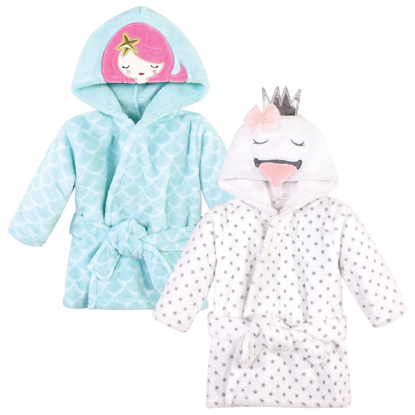 Hudson Baby Infant Girl 2 Piece Plush Animal Face Bathrobe, Mermaid Swan, 0-9 Months