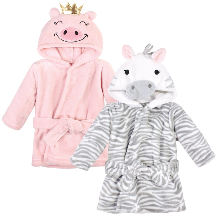 Hudson Baby Infant Girl 2 Piece Plush Animal Face Bathrobe, Pig Gray Zebra, 0-9 Months