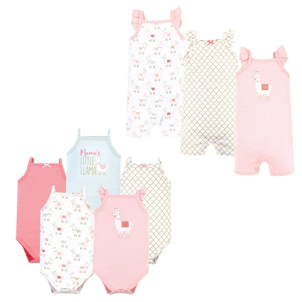 Hudson Baby Infant Girl Cotton Bodysuits and Rompers, 8-Piece, Llama