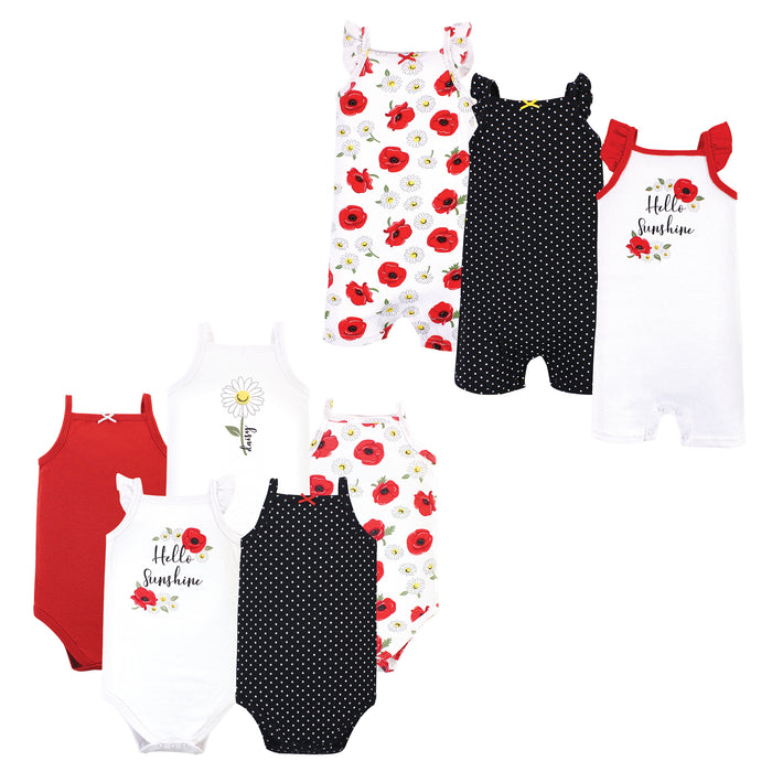 Hudson Baby Infant Girl Cotton Bodysuits and Rompers, 8-Piece, Poppy Daisy