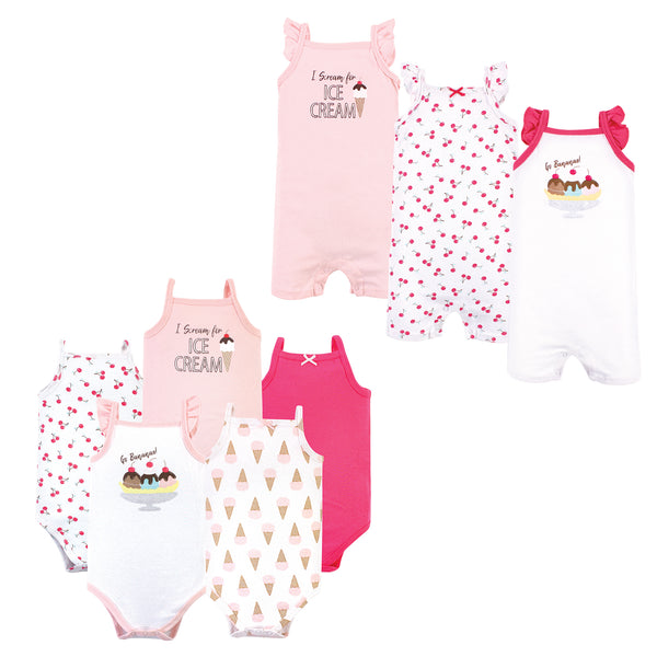 Hudson Baby Infant Girl Cotton Bodysuits and Rompers, 8-Piece, Banana Split