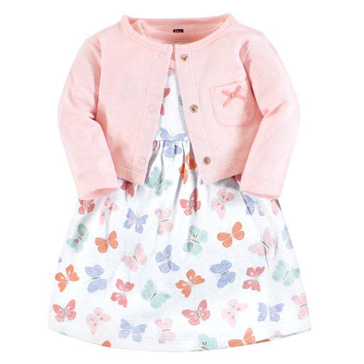 Hudson Baby Baby and Toddler Girl Cotton Dress and Cardigan Set, Pastel Butterfly