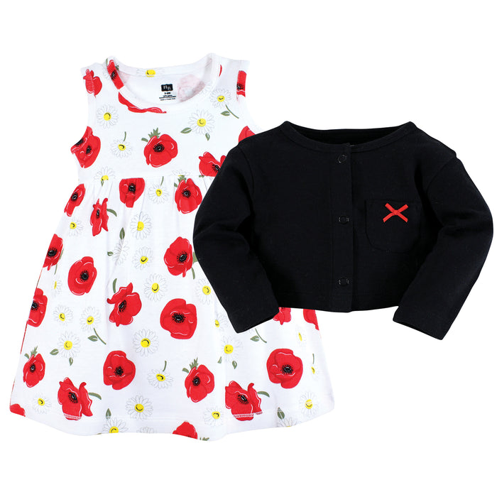 Hudson Baby Baby and Toddler Girl Cotton Dress and Cardigan Set, Poppy Daisy