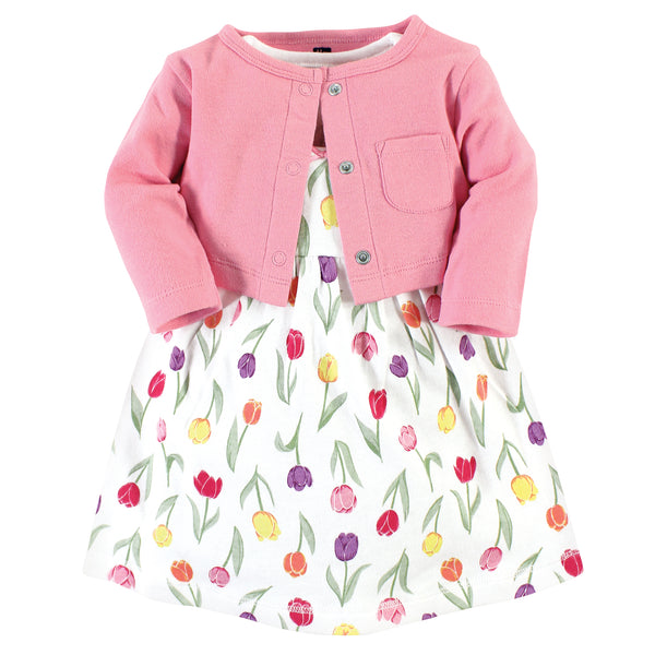 Hudson Baby Baby and Toddler Girl Cotton Dress and Cardigan Set, Spring Tulips