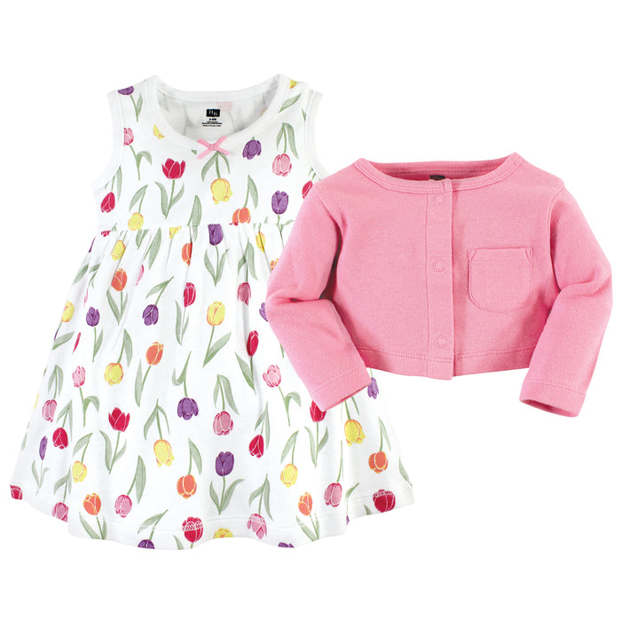 Hudson Baby Baby and Toddler Girl Cotton Dress and Cardigan Set, Spring Tulips