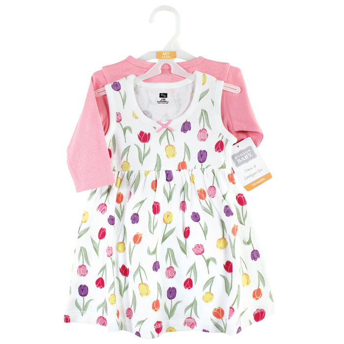 Hudson Baby Baby and Toddler Girl Cotton Dress and Cardigan Set, Spring Tulips