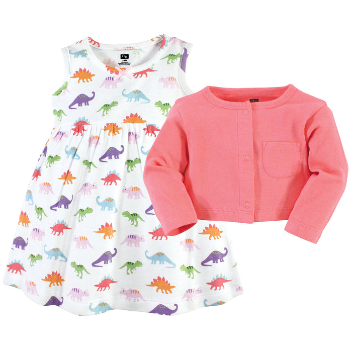 Hudson Baby Baby and Toddler Girl Cotton Dress and Cardigan Set, Girl Dinosaurs