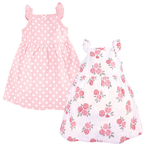 Hudson Baby Infant and Toddler Girl Sleeveless Cotton Dresses 2 Pack, Soft Pink Roses