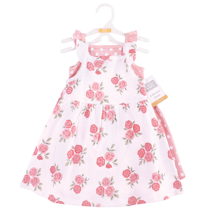 Hudson Baby Infant and Toddler Girl Sleeveless Cotton Dresses 2 Pack, Soft Pink Roses