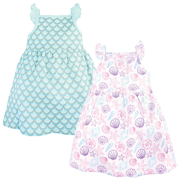 Hudson Baby Infant and Toddler Girl Sleeveless Cotton Dresses 2 Pack, Sea Shells