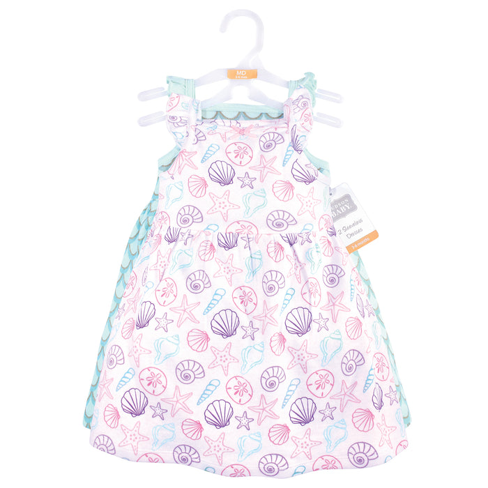 Hudson Baby Infant and Toddler Girl Sleeveless Cotton Dresses 2 Pack, Sea Shells