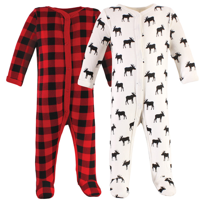 Hudson Baby Infant Boy Cotton Snap Sleep and Play 2 Pack, Plaid Moose