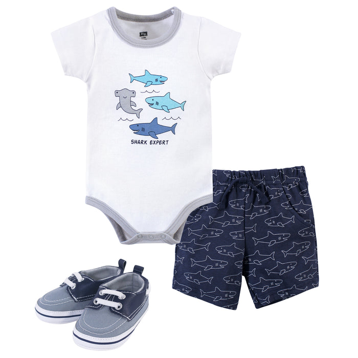 Hudson Baby Infant Boy Cotton Bodysuit, Shorts and Shoe 3 Piece Set, Shark Expert