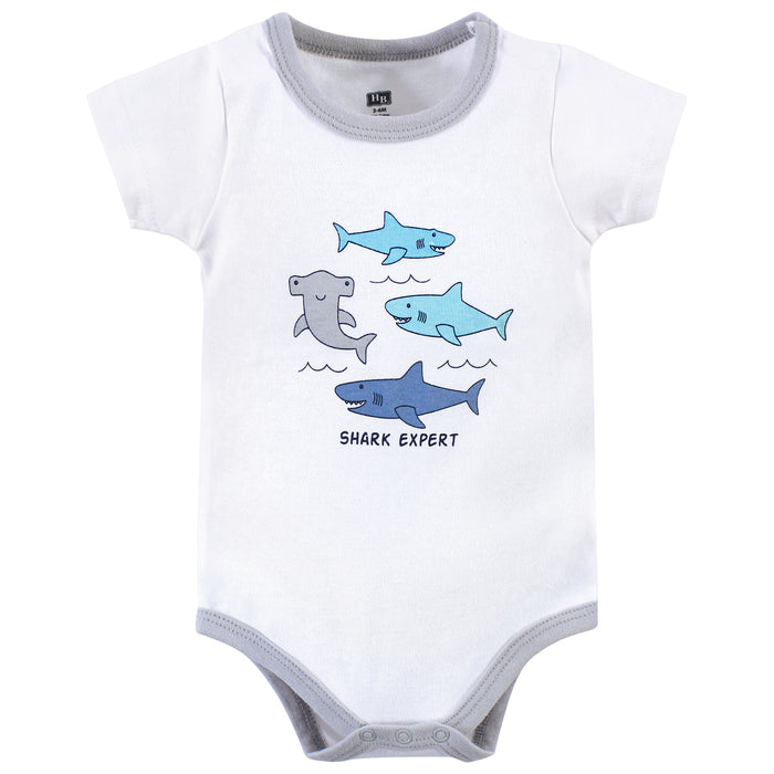 Hudson Baby Infant Boy Cotton Bodysuit, Shorts and Shoe 3 Piece Set, Shark Expert