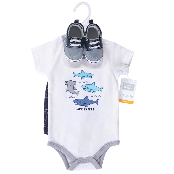 Hudson Baby Infant Boy Cotton Bodysuit, Shorts and Shoe 3 Piece Set, Shark Expert