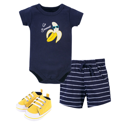 Hudson Baby Infant Boy Cotton Bodysuit, Shorts and Shoe 3 Piece Set, Go Bananas