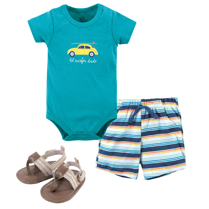 Hudson Baby Infant Boy Cotton Bodysuit, Shorts and Shoe 3 Piece Set, Surfer Dude