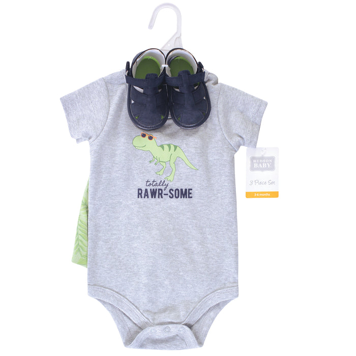 Hudson Baby Infant Boy Cotton Bodysuit, Shorts and Shoe 3 Piece Set, Rawr-Some Dino