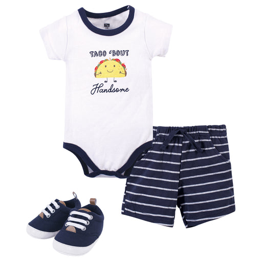 Hudson Baby Infant Boy Cotton Bodysuit, Shorts and Shoe 3 Piece Set, Handsome Taco