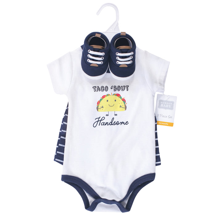 Hudson Baby Infant Boy Cotton Bodysuit, Shorts and Shoe 3 Piece Set, Handsome Taco