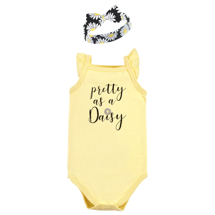 Hudson Baby Infant Girl Sleeveless Bodysuit and Headband Set, Black Daisy